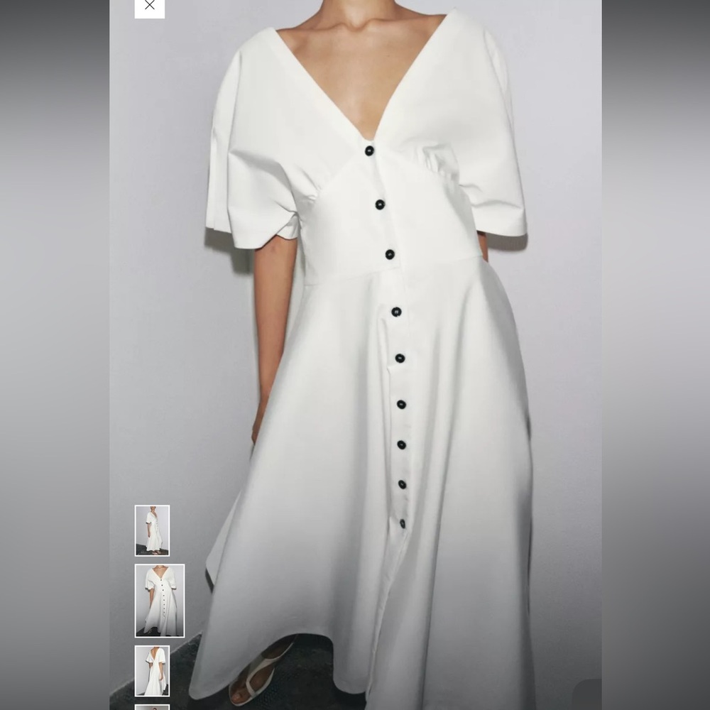 Zara White Asymmetrical Dress with Black Buttons